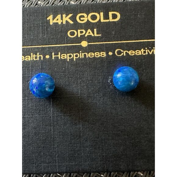 14K Solid Yellow Gold Deep True Blue Opal Stud Earrings - Picture 1 of 4